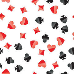 Playing cards suits seamless pattern. Random placed heart, diamond, club, spade on white vector background. Gambling repeating texture.