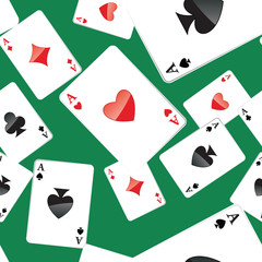 Seamless pattern of aces playing cards. Gambling repeating texture with randomly placed poker cards. EPS8 vector illustration.