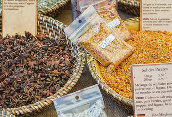 delicious spices for sale on the market in Vallon Pont d'Arc.