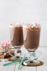 Homemade hot chocolate with marshmallows in glasses.