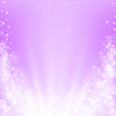 Shiny rays of light with bokeh, stars and sparkles on violet background. Vector illustration.