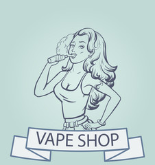 Vape shop logo. Beautiful girl with electronic cigarette. Vape shop banner, concept. Vector illustration