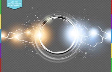 Abstract metal chrome ring power science transparent background. Electric shine round tech frame, energy lightning. Light effect with sparks. Fiction vector glowing stainless steel round