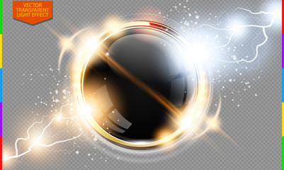 Abstract metal golden ring power science transparent background. Electric shine round tech frame black glossy space, energy lightning. Light effect with sparks. Fiction vector glowing round