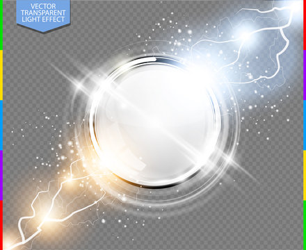 Abstract metal chrome ring power science transparent background. Electric shine round tech frame white space, energy lightning. Light effect with sparks. Fiction vector glowing stainless steel round