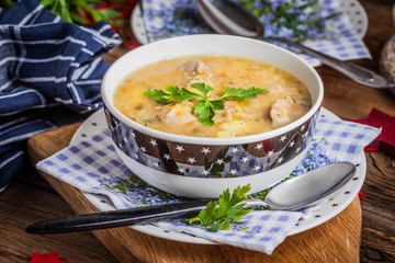 Soup with barley and chicken gizzards.