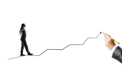 Concept of risk and difficulty with blind businessman steping carefully