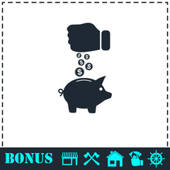Piggy bank and hand with coin icon flat