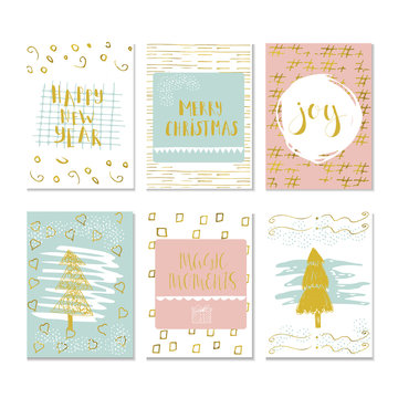 Set of 6 Christmas and Happy New Year greeting cards with handwritten brush lettering and decorative elements. Vector illustration for winter invitations, cards, posters and flyers.