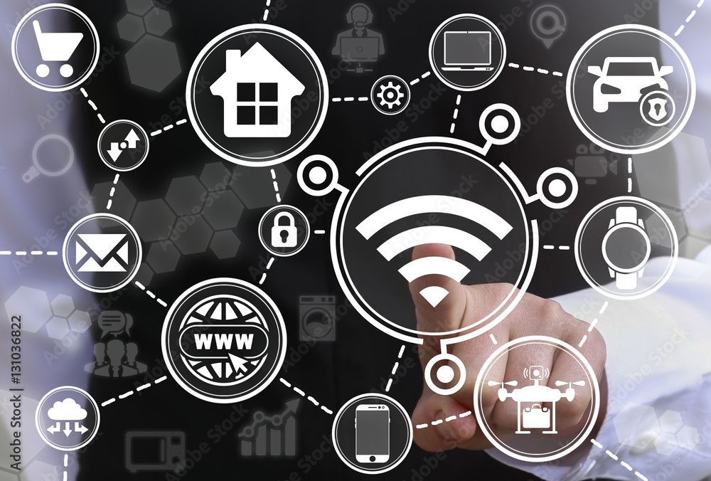 Poster business internet of things (iot) network electronic mobile communication house car concept. man pre