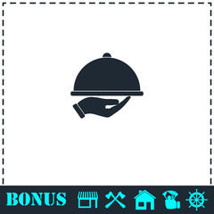Restaurant cloche in hand icon flat