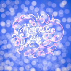 Happy new year isolated words lettering written with fire flame or smoke on blurred light bokeh background