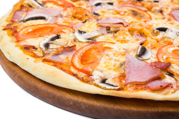 Pizza on light wooden background top view.