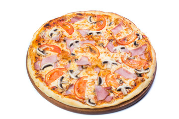 Pizza on light wooden background top view.