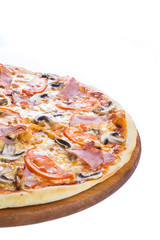 Pizza on light wooden background top view.