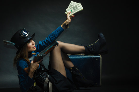 Steampunk girl with cash.
