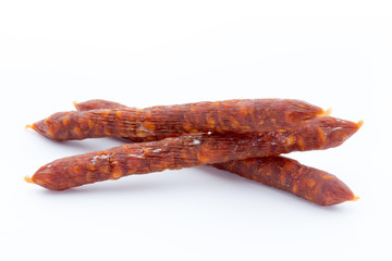 Smoked sausage salami isolated on a white background.