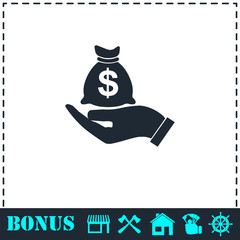 Open Palm Hold Money Bag icon flat