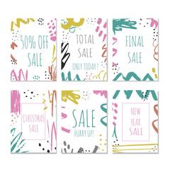 Set of 6 creative sale holiday website banner templates. Christmas and New Year hand drawn illustrations for social media banners, posters, email and newsletter designs, ads, promotional material.
