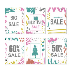 Set of 6 creative sale holiday website banner templates. Christmas and New Year hand drawn illustrations for social media banners, posters, email and newsletter designs, ads, promotional material.