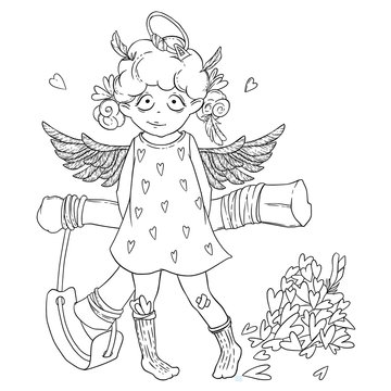 Valentine's day. Naughty cute curly Cupid-girl with slingshot behind her back, wings and halo.