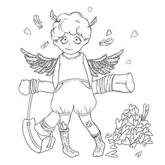 Valentine's day. Naughty cute curly Cupid-boy with slingshot behind his back, wings and a bunch of hearts.