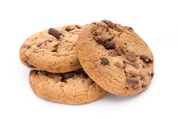 Chocolate chip cookies isolated on white background.