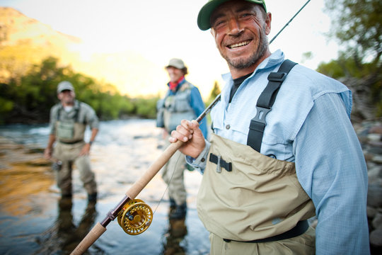 Three men enjoying the outdoors during a flyfishing trip in southern Argentina.