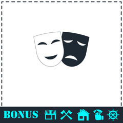 Comedy and tragedy theatrical masks icon flat