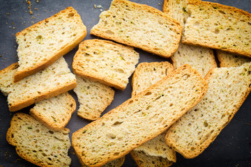 Garlic and herb bread slices. Eco food.