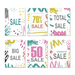 Set of 6 discount cards design. Can be used for social media sale website, banners, posters, flyers, email, newsletter, ads, promotional material. Mobile banner templates.