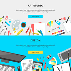 Set horizontal banners, flat design vector illustration of modern creative office workspace, workplace of designer, art studio. The office of a creative worker. Flat style and color for web mobile