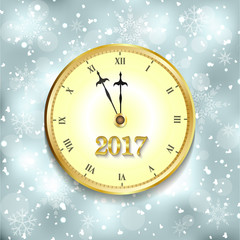 Naklejka na ściany i meble Vintage clock over snowfall christmas background. New year vecto