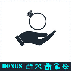 Male hands holding engagement ring icon flat