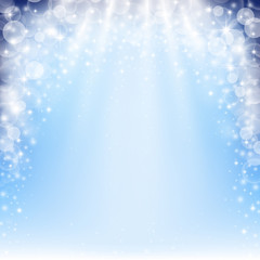 Fairy blue sky background with shiny rays of light, bokeh lights, stars and sparkles. Vector illustration.