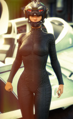 Science Fiction female pilot wearing helmet and uniform returning from a mission with space ship in background. 3d rendering