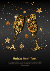 Happy New Year vector greeting card with gold drinking glasses. Holiday black glowing background. Stars, snowflakes with golden pattern. Concept for New Year banner, poster, flyer, party invitation.