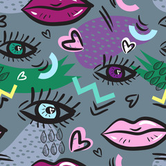 Abstract seamless pattern with geometric elements and stylized eyes and lips. Inspired by the design style Memphis and pop-art style. Trendy texture in retro style 1980s-1990s. Vector illustration.