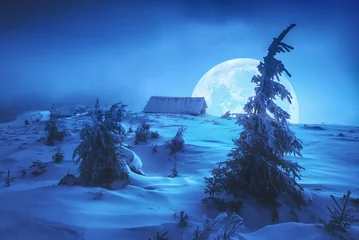 Fototapete Rund Rising of the moon above the winter village © Bashkatov
