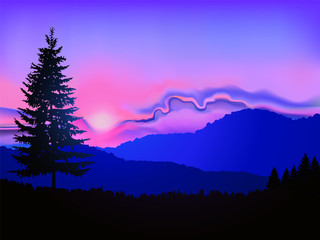 North american landscape. Silhouette of coniferous trees on the background of mountains and abstract sky. Pink and blue tones. Sunset.