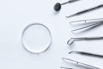 dental tools on white background top view