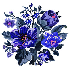 Color bouquet of wildflowers (lilia, bellflower, barberry flower and cornflowers)  using traditional Ukrainian embroidery elements. Can be used as pixel-art.  Blue tones.