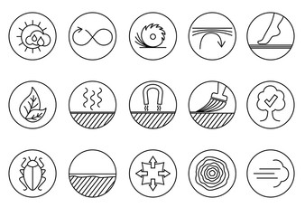 Wood properties icons. Vector thine line icon set. Circles.