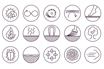 Wood properties icons. Vector thine line icon set. Circles.