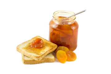 jar of jam and a toaster with dried apricots isolated on white b