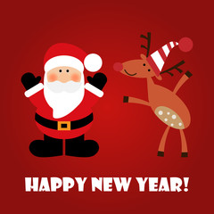 Vector illustration of a Santa Claus and deer with text Happy New Year on a red background!