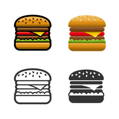 Burger vector cartoon, colored, contour and silhouette styles icon set. Tasty fast food unhealthy meal. Isolated dishes on white background.