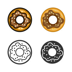 Obraz premium Donut vector cartoon, colored, contour and silhouette styles icon set. Tasty fast food unhealthy meal. Isolated dishes on white background.