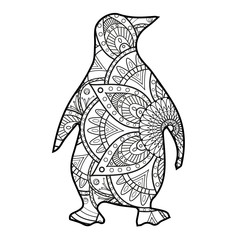 Obraz premium Vector illustration of a black and white mandala pinguin for coloring book, pinguino mandala in bianco e nero da colorare