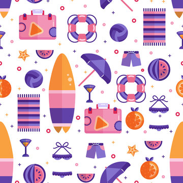 Beach summer flat seamless pattern. Surfboard, Suitcase, orange and watermelon fruit slices, starfish, lifebuoy, book, beach towel, swimsuit and coctail, umbrella. Travel kit flat lay